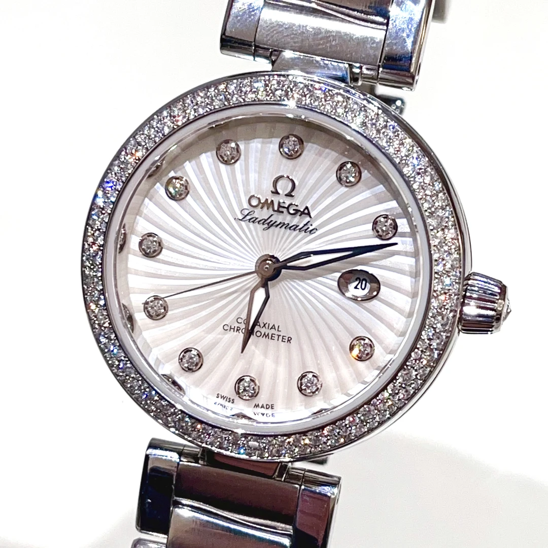 99新 Omega/欧米茄 碟飞ladymatic34贝母原镶钻自动机械女表全套