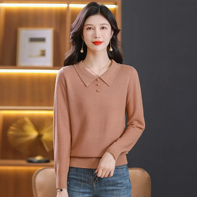 春季时尚娃娃领长袖百搭针织衫上衣气质洋气百搭宽松套头