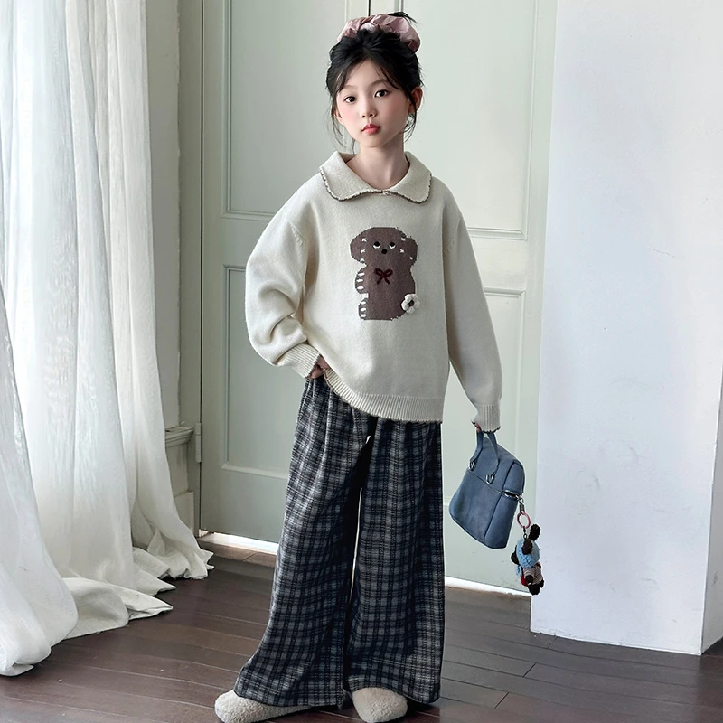 女童毛衣套装春秋2025新款中大童洋气休闲韩版潮针织衫儿童格子裤