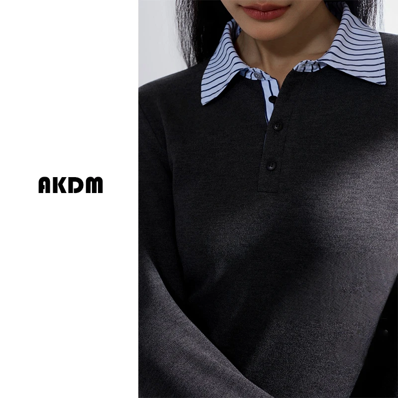 AKDM假两件POLO领长袖上衣女卫衣2556