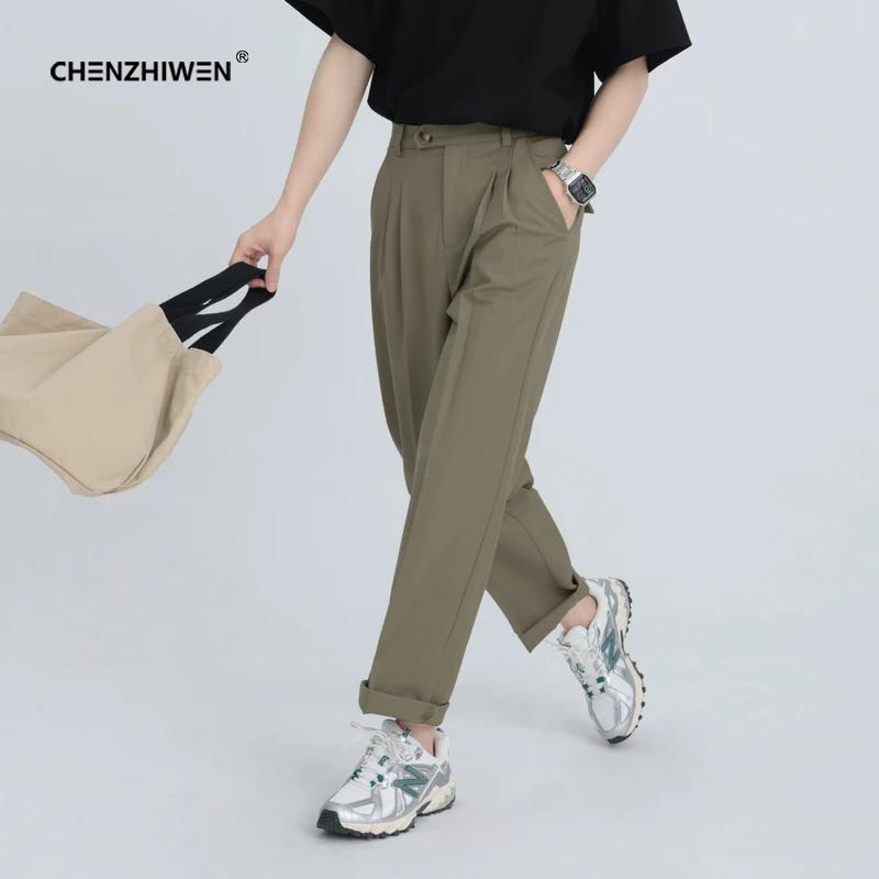陈智文新款夏季休闲感垂感宽松直筒韩版九分长卡其色裤西裤男