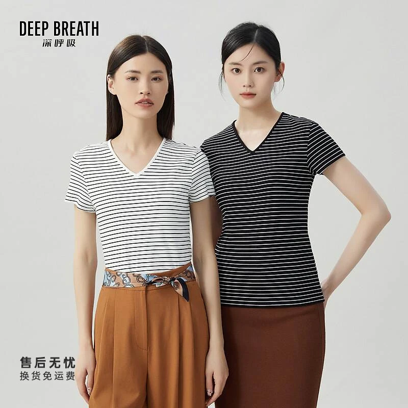 DEEP BREATH深呼吸女装新款修身百搭条纹V领短袖T恤上衣A301159