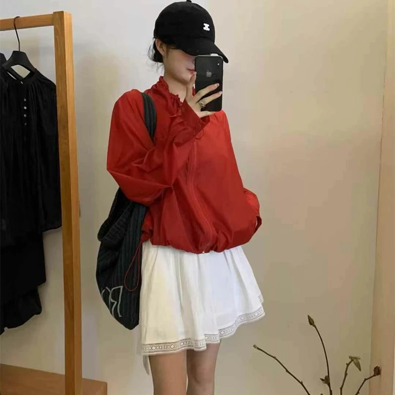 辣妹红色立领超薄防晒衣外套休闲开衫短款时尚抽绳韩国chic皮肤衣