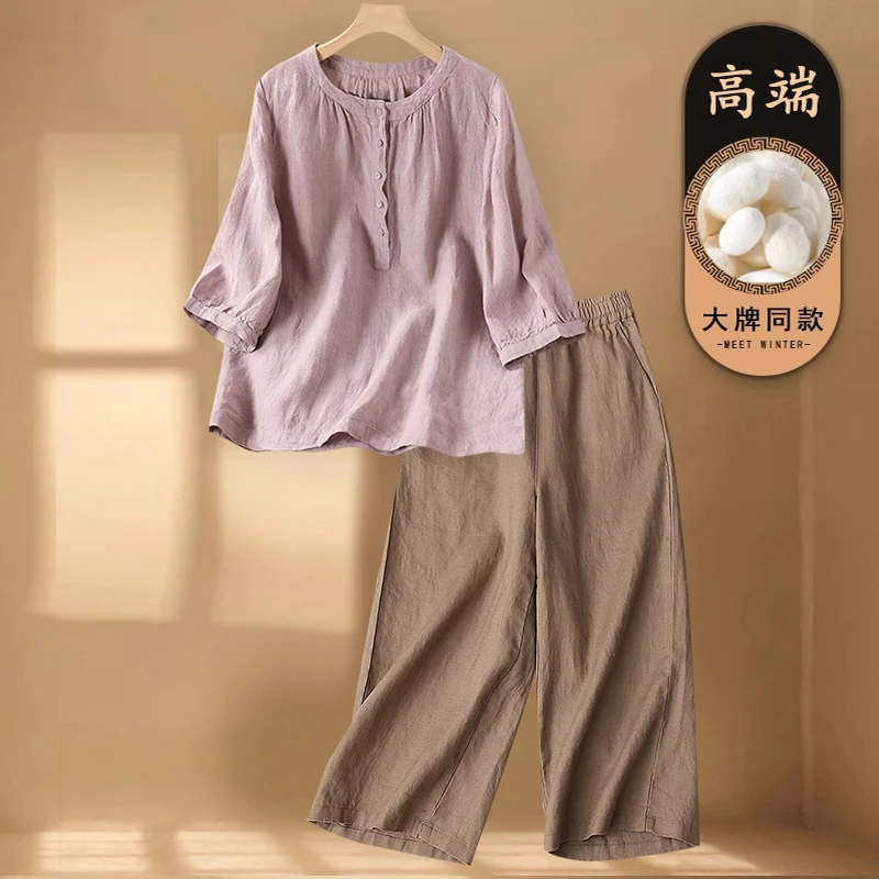 妈妈夏装高端亚麻套装女士2025新款复古苎麻刺绣衬衫阔腿裤两件套