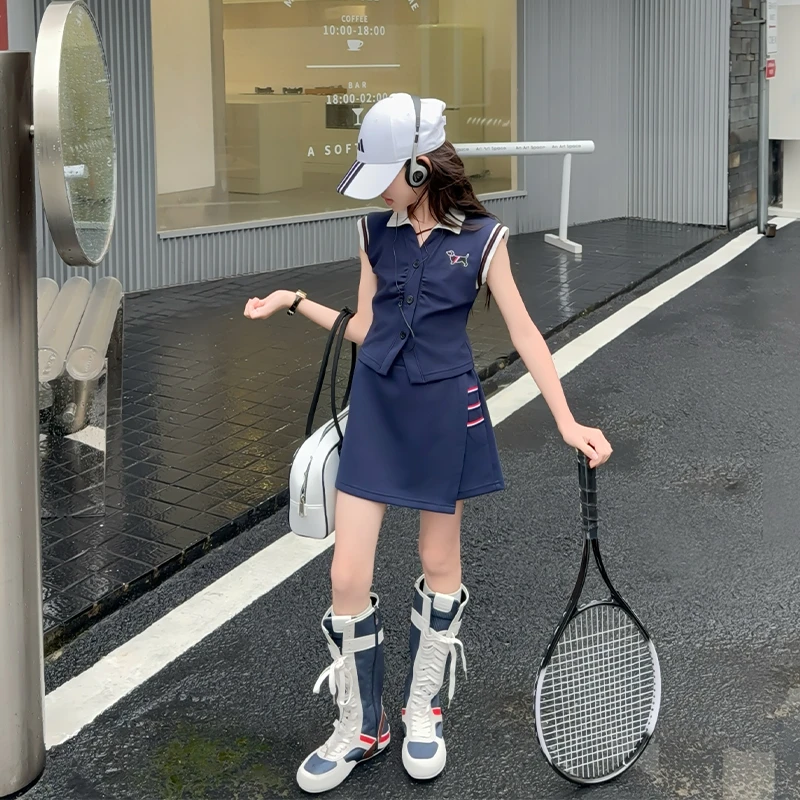 女童套装夏季新款女孩中大童运动无袖刺绣POLO衫儿童裙裤两件套潮