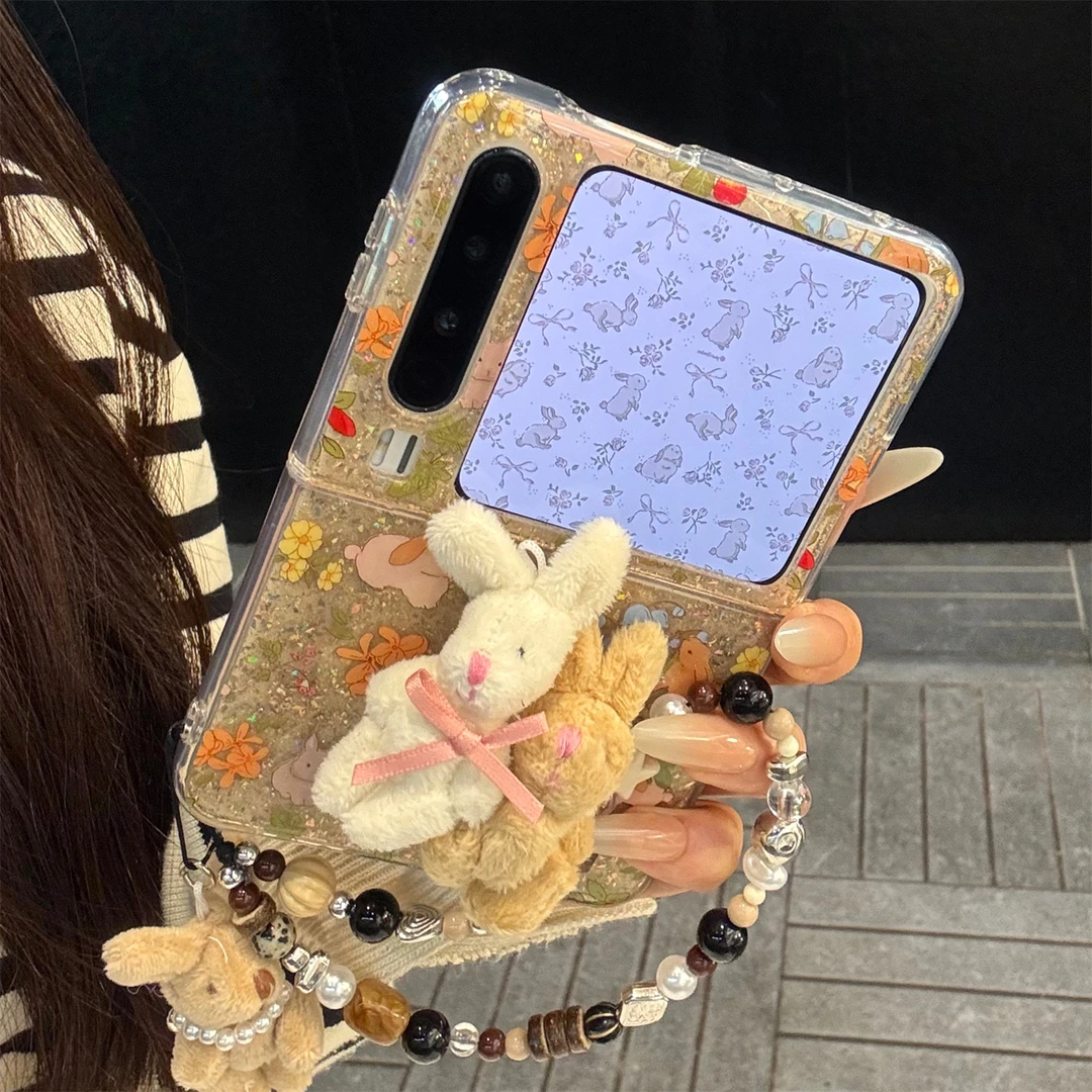 适用华为purax折叠屏手机壳黄底碎花PuraX典藏版闪粉毛绒兔子支架