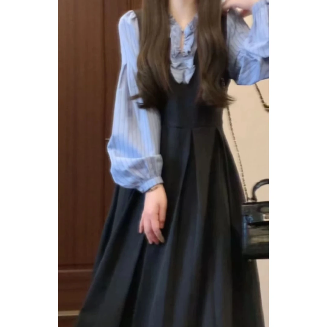 早秋新款韩系高冷感超吸睛假两件衬衫裙独特新颖冷淡风长款连衣裙