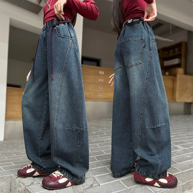 女童牛仔弯刀裤秋季韩系宽松裤子6-12岁儿童春秋洋气百搭大童长裤