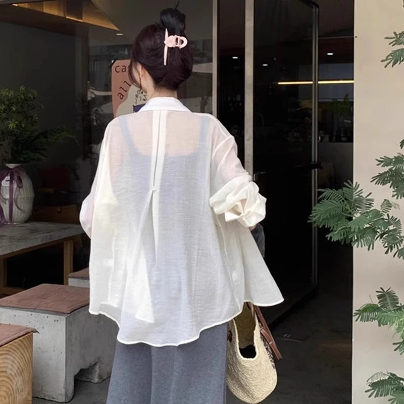 白色冰丝亚麻衬衫女夏季小个子薄款衬衣开衫外套空调衫防晒上衣