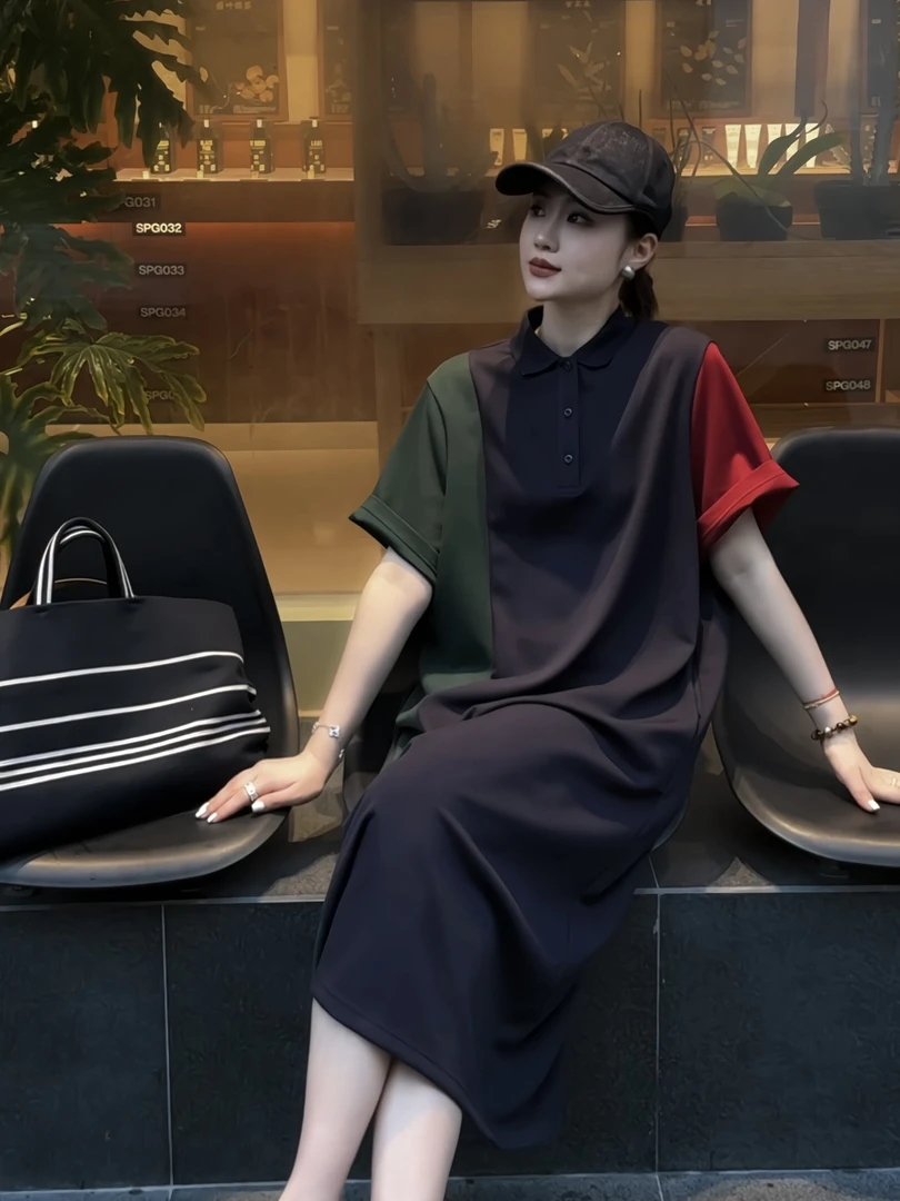 夏季时尚简约休闲宽松舒适优雅显瘦直筒翻领拼色连衣裙Z253032/65