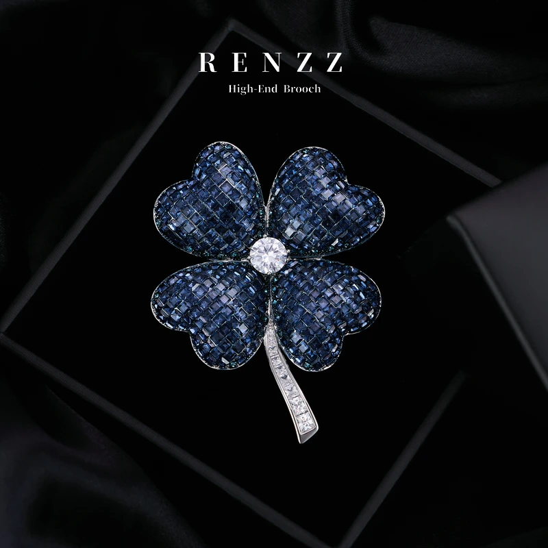 铜合金合成锆石胸针 0780【特别定制方钻普鲁士蓝幸运草】胸针