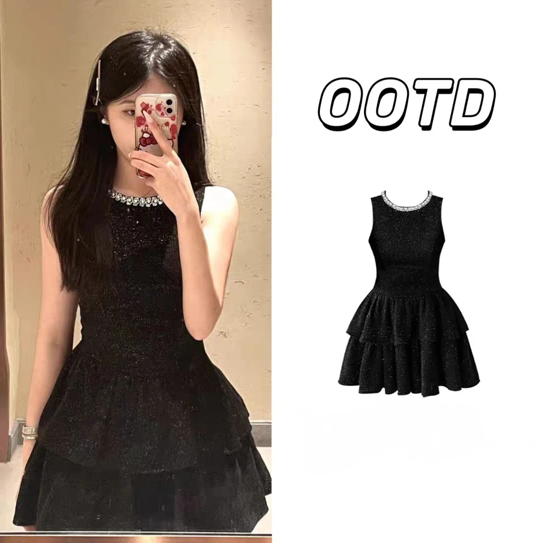 富家千金小香风细闪收腰连衣裙女夏生日礼服高级感无袖蛋糕小黑裙