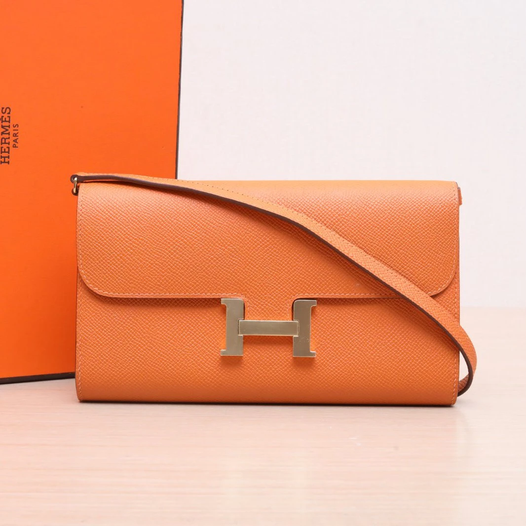 95新 Hermes/爱马仕 小花攀攀康康 LONG TO GO钱包爱马仕橙 B刻