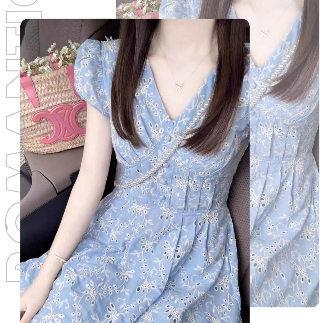 明星日记桔梗法式蓝色连衣裙女2025夏季新款小众收腰显瘦中长裙