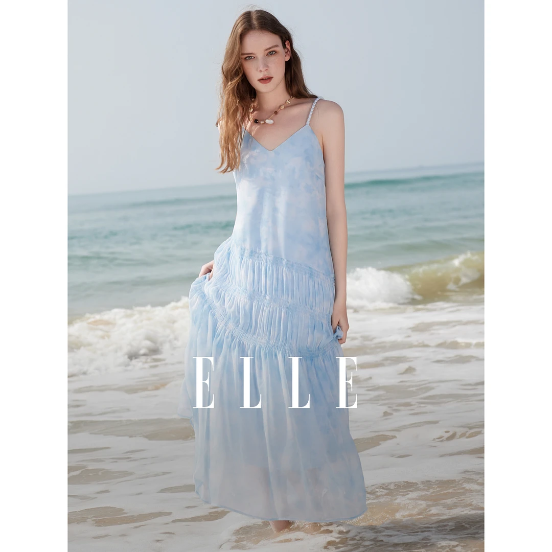 ELLE印花外出吊带连衣裙女2025夏季海边裙EL51144