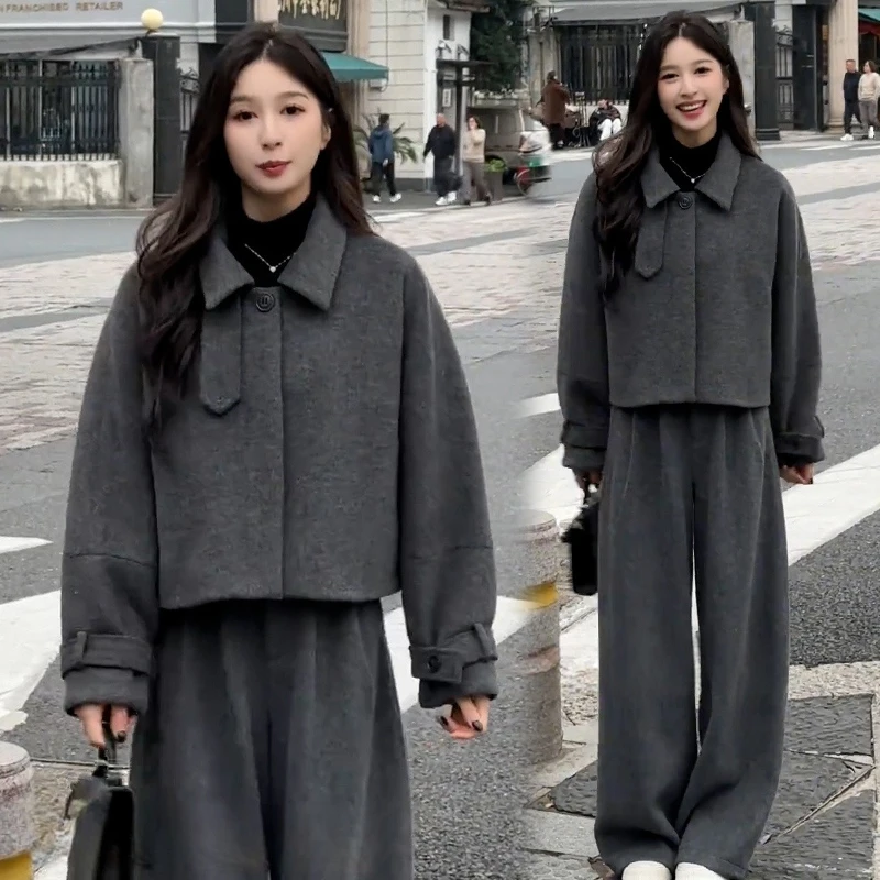 复古蝙蝠袖短外套套装女2025年秋冬新款小个子高腰阔腿裤两件套潮
