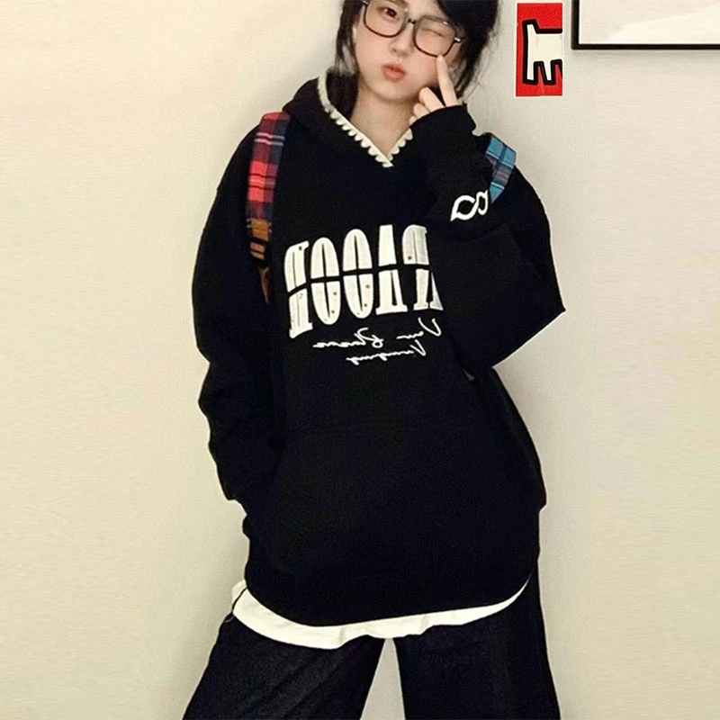 美式chic复古字母贴布绣黑色连帽卫衣女秋冬百搭宽松加绒加厚外套