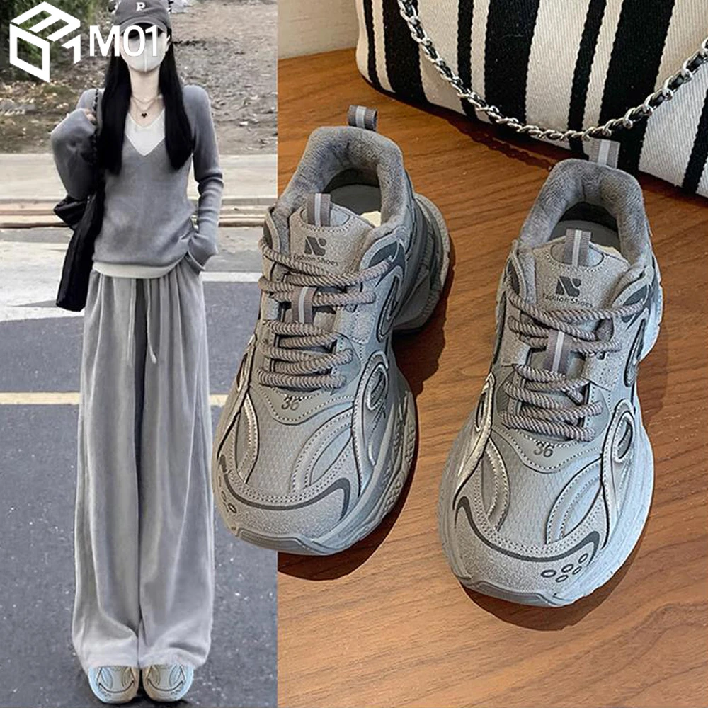 M01厚底老爹鞋女2025春秋季新款增高二棉休闲加绒松糕运动鞋棉鞋