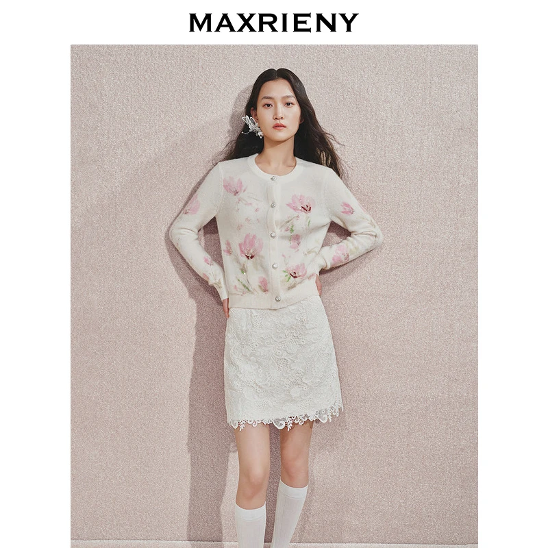 【贵雅日常-商场同款】MAXRIENY钉珠印花针织开衫2024秋冬新款