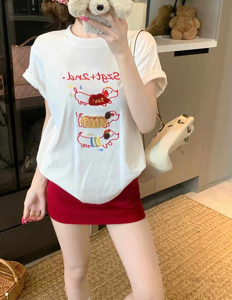 【趣味三狗】水柔棉哺乳短袖t恤夏潮刺绣花圆领喂奶上衣韩版夏季