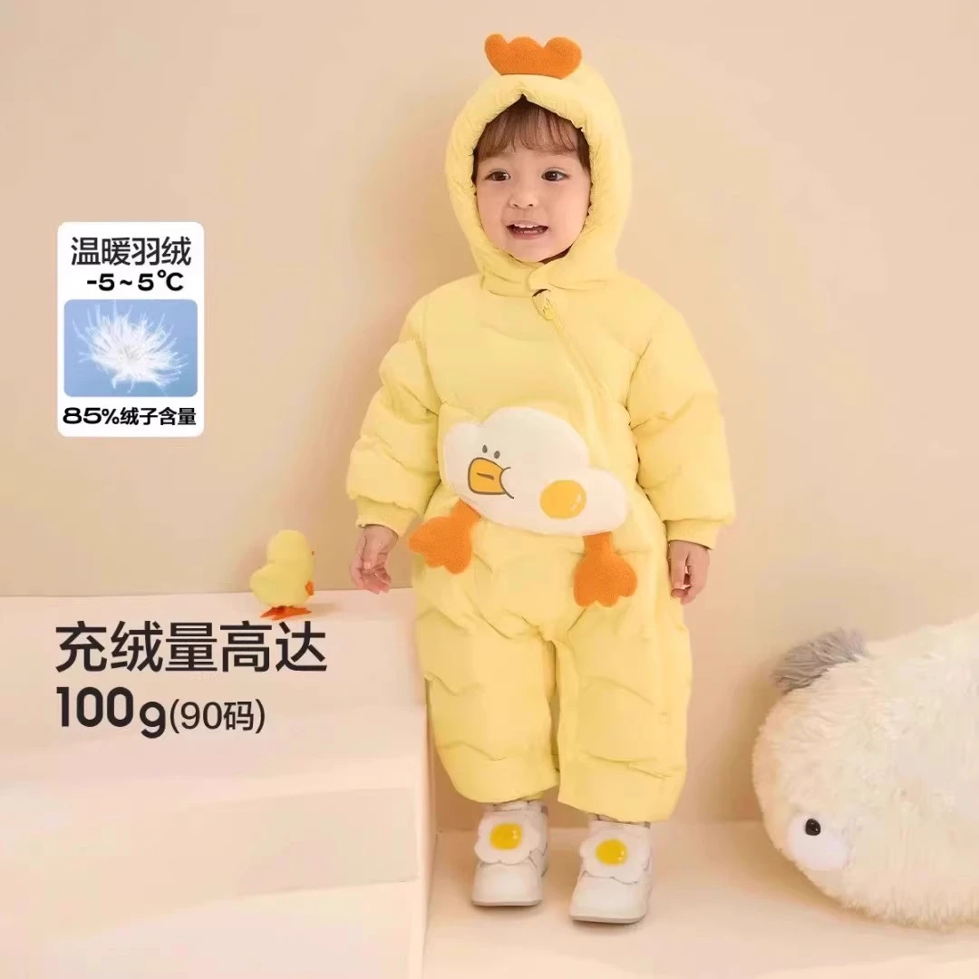 反季婴儿羽绒服连体衣2025新款宝宝爬服白鸭绒卡通
