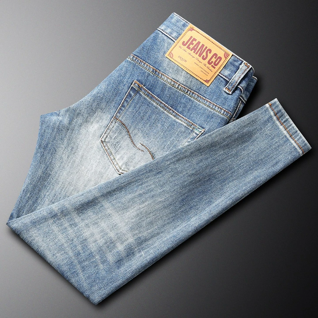 TERINELO/黛芮奈勒高端潮牌蓝色牛仔裤男秋冬厚款修身小直筒青年