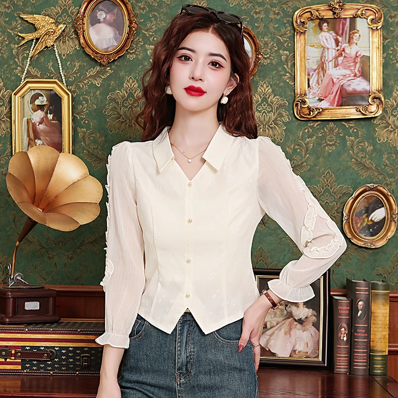 法式别致polo领长袖雪纺衬衫早春装2025新款时尚修身显瘦短款上衣