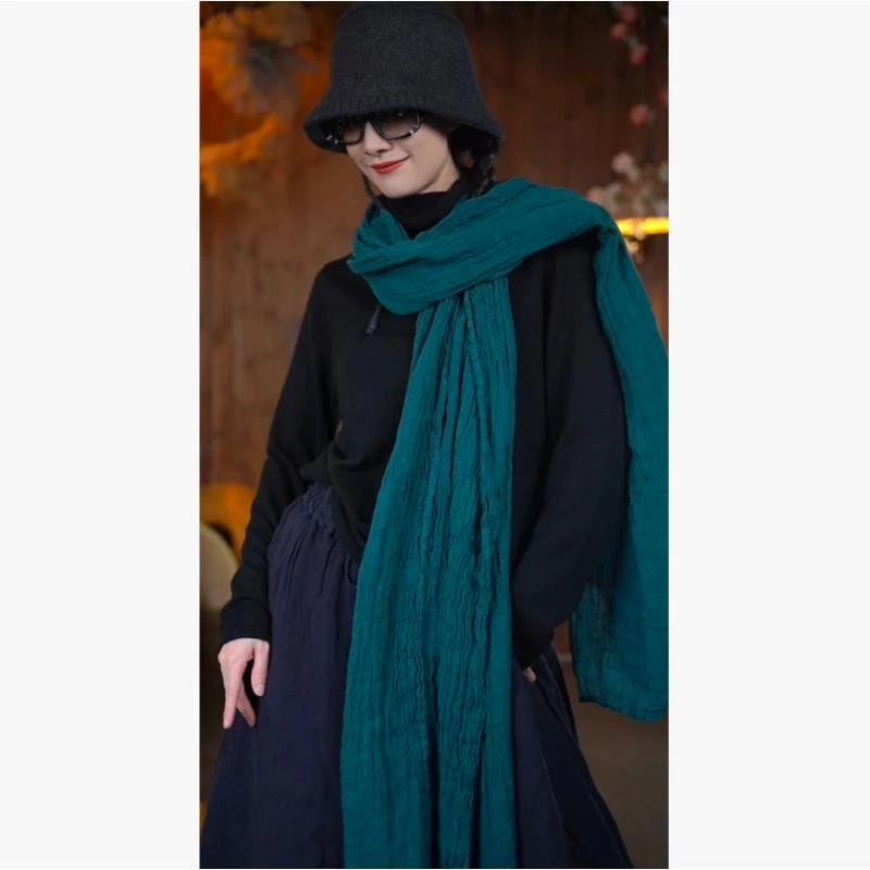 唐不染-云歇围巾624601/亚麻肌理皱麻长围巾披肩文艺复古百搭纯色