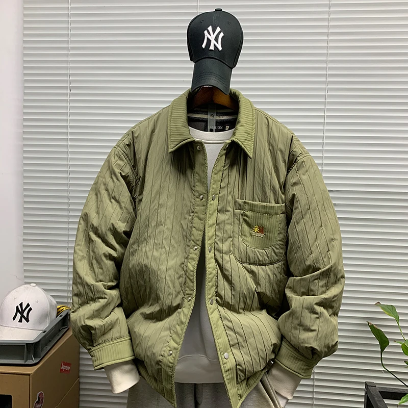 日系复古衬衫式羽绒服外套男士冬季新款休闲宽松潮牌轻薄保暖棉服