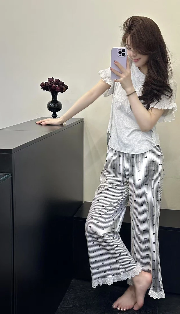 【CC推荐】1737#夏季蝴蝶结蕾丝花边休闲短袖长裤可外穿家居服套装