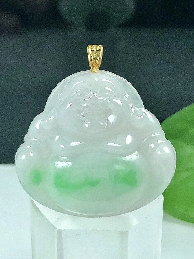 缅甸天然翡翠A货18K金扣镶嵌冰润飘正阳绿佛公吊坠女士气质正品玉