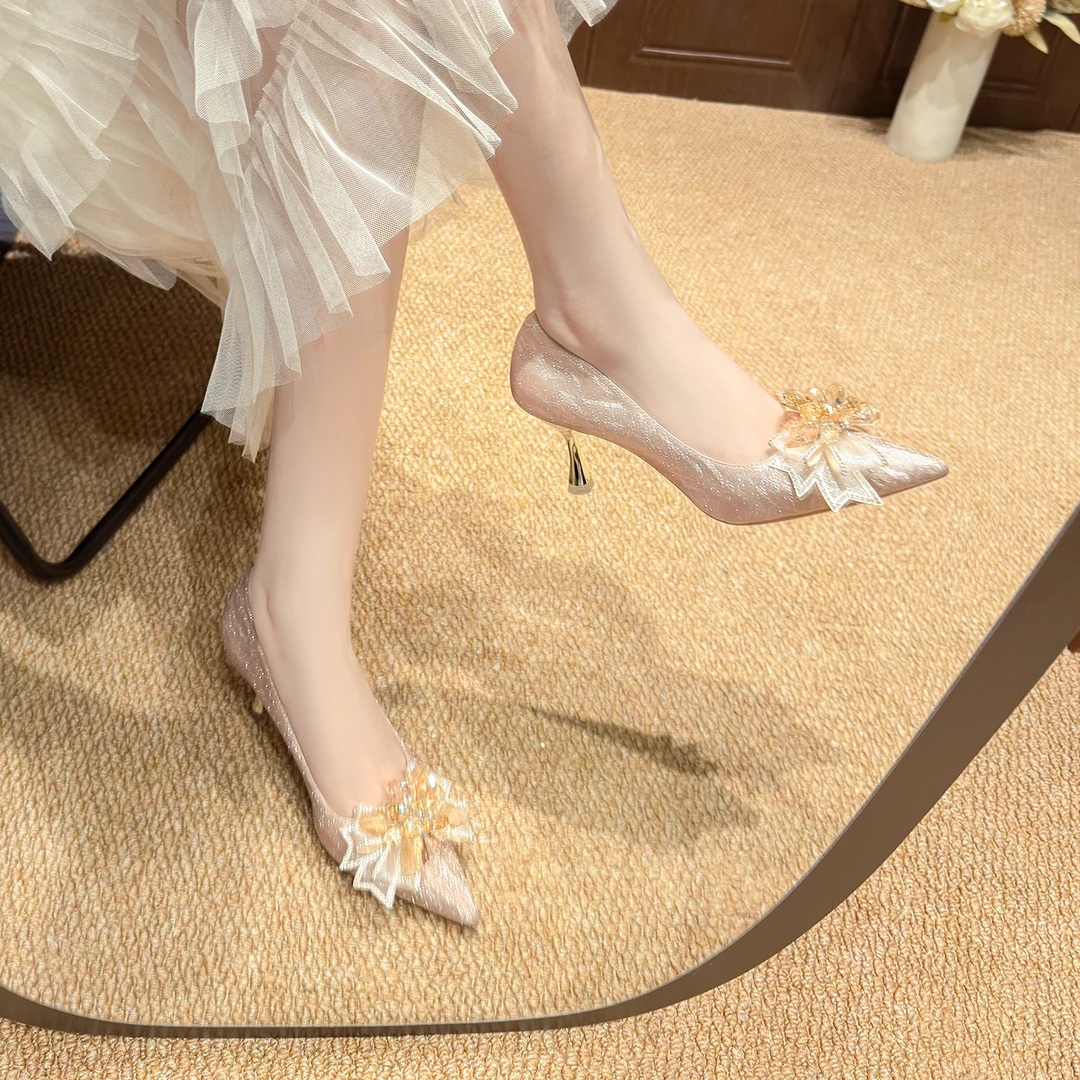 Yixin Girl 花朵水钻高跟鞋女18岁成人礼水晶公主鞋订婚鞋配婚纱