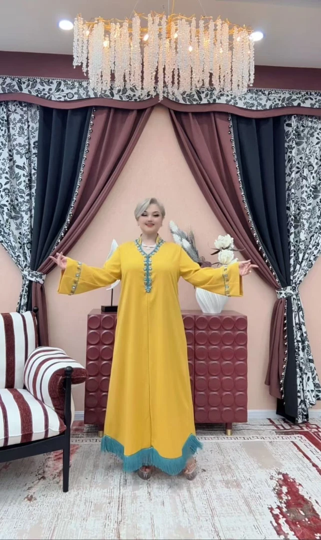 【A011】时尚新款民族风迪拜土耳其重工服饰黄色长款连衣裙K008