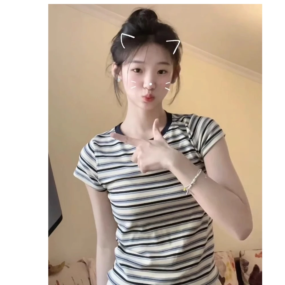 复古港风撞色条纹短袖t恤女夏季新款修身辣妹短款正肩显瘦上衣ins