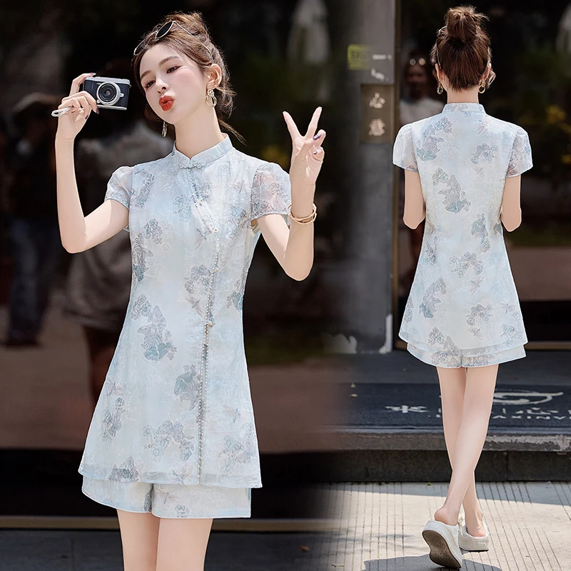 新中式国风时尚两件套装连衣裙女后妈裙2025夏季新款旗袍搭短裤子