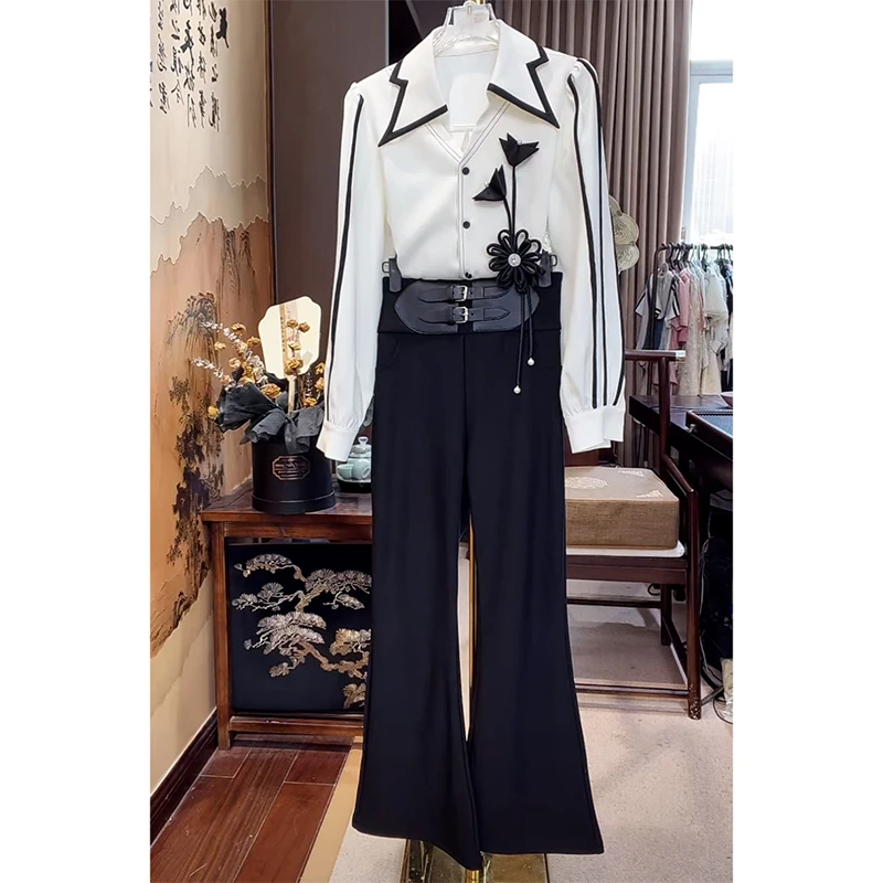 芙娜妮法式黑白经典设计感秋季新款裤子高腰休闲风两件套F2431866