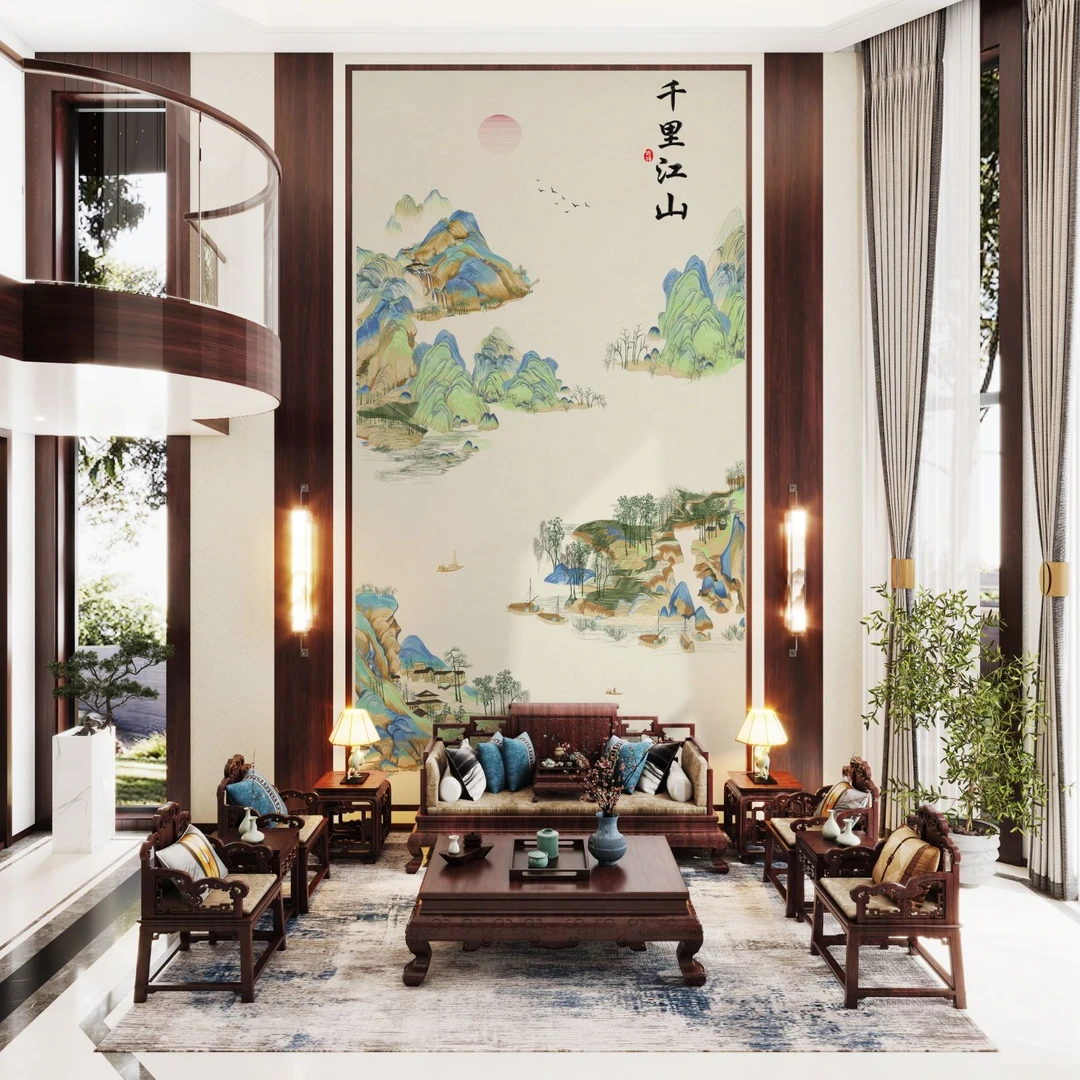 拾光美学新中式千里江山挑高别墅沙发电视大玄关装修刺绣背景墙