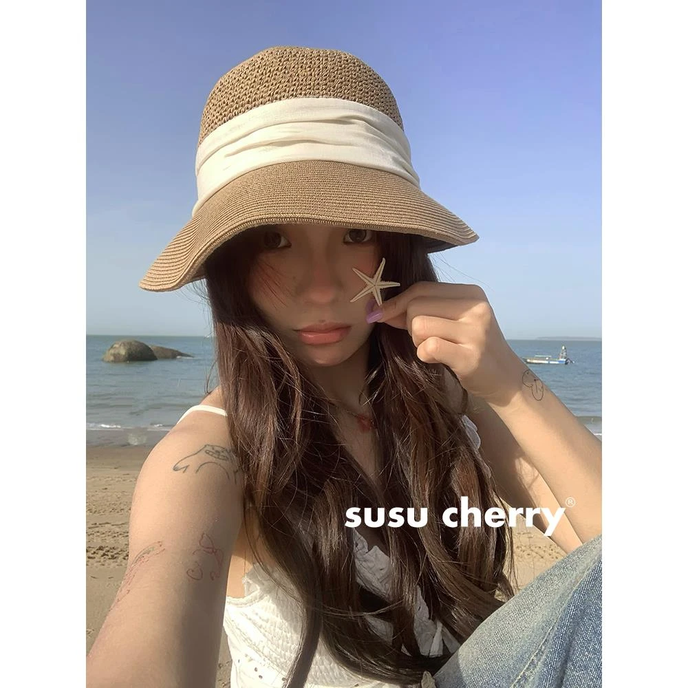 度假风~百搭！日系气质优雅织带透气草编渔夫帽女夏海边遮阳草帽