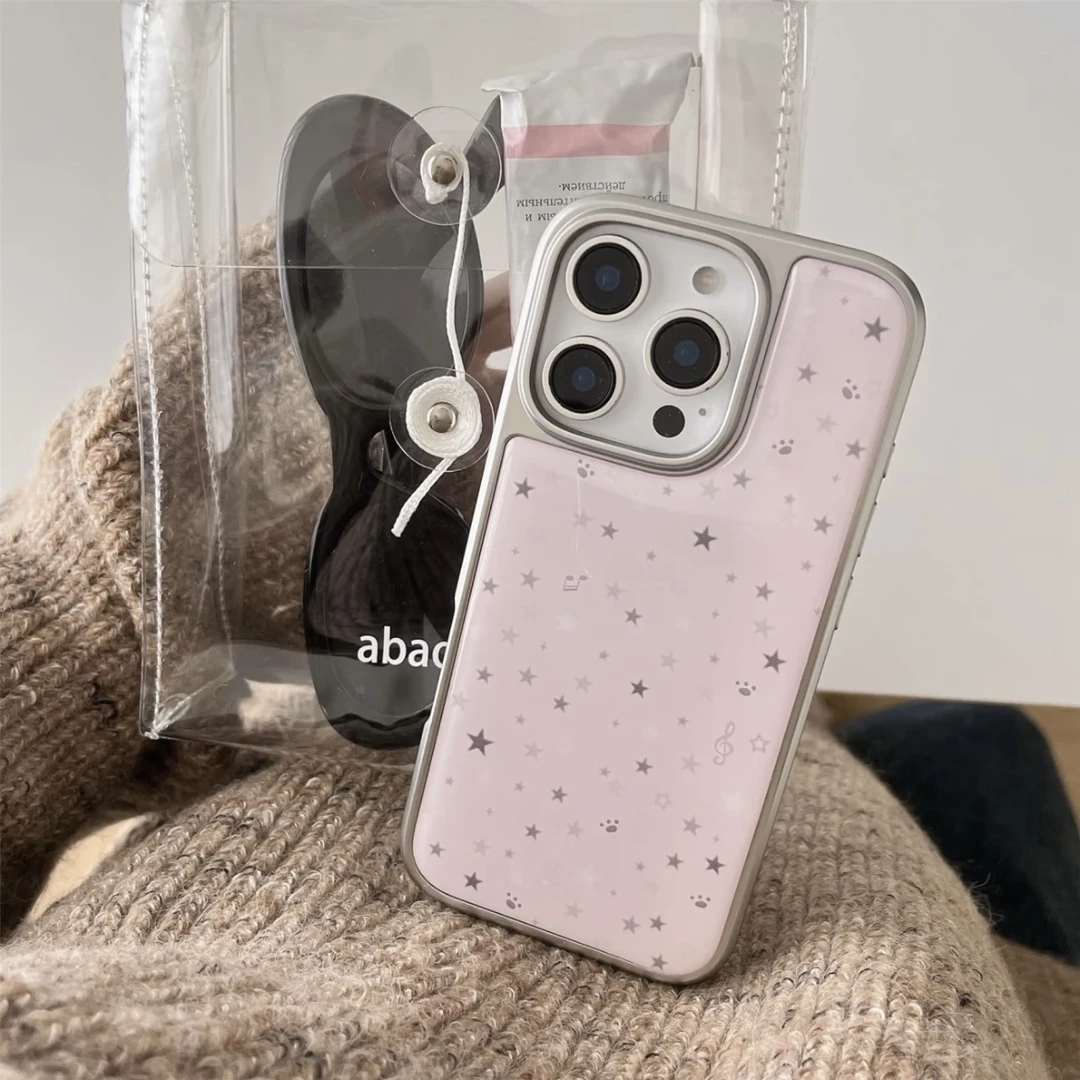 碳纤维玻璃电镀粉底星星脚印适用苹果16pro/iPhone15p/14手机壳女