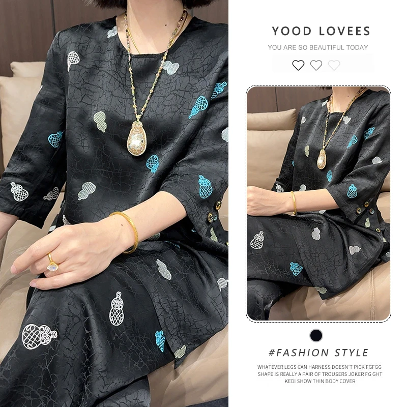 新中式老钱风黑色小葫芦套装2025夏季新款印花上衣裤子搭配两件套