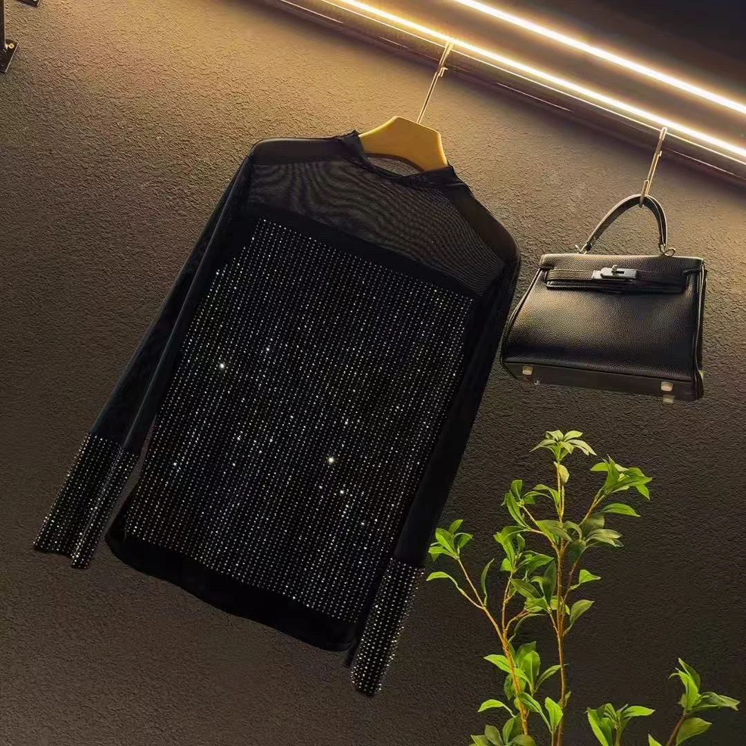 新款大码2025半高领百搭拼接丝绒洋气显瘦重工小衫上衣/33327