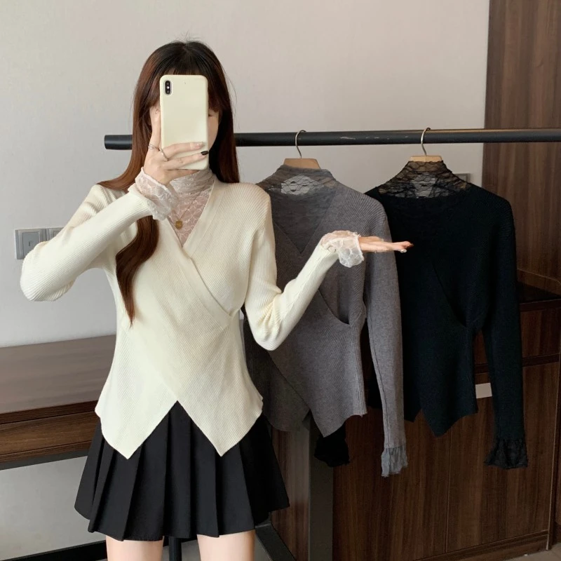 大码蕾丝拼接设计感打底针织衫女冬季新款胖妹妹时尚洋气百搭毛衣