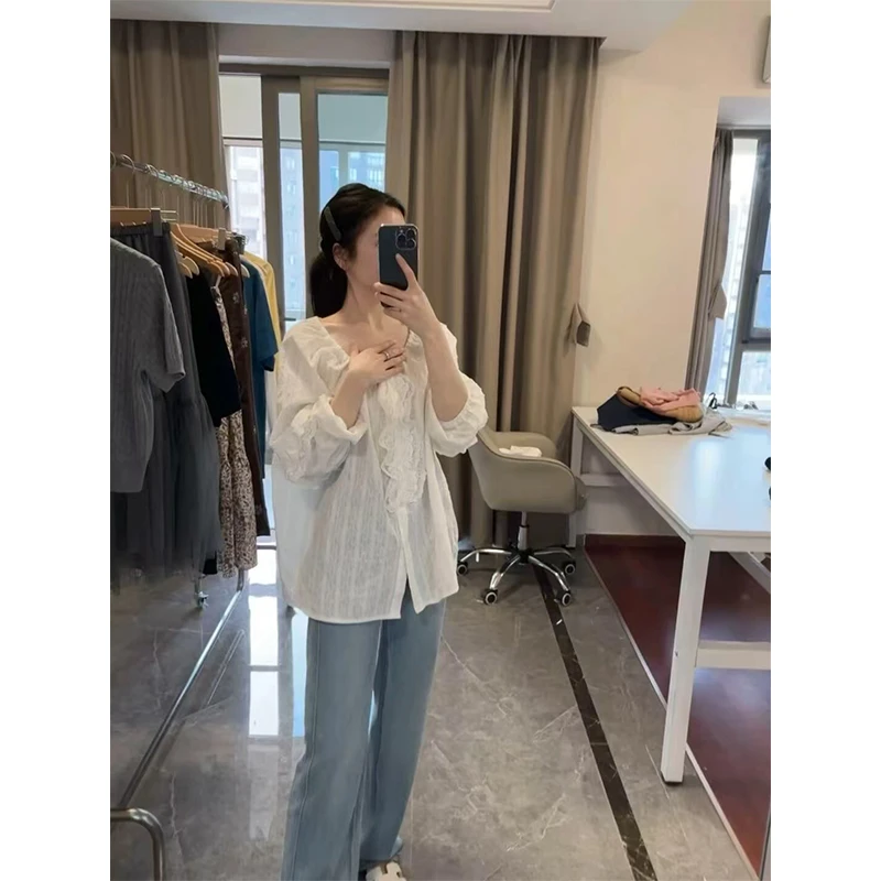 纯欲风2025新款韩版小众设计感V领蕾丝上衣百搭宽松阔腿裤套装女