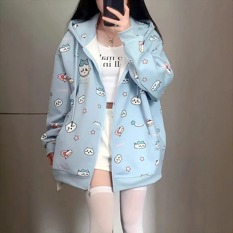 可爱少女卡通印花连帽开衫卫衣女外套甜妹穿搭春秋冬宽松百搭上衣