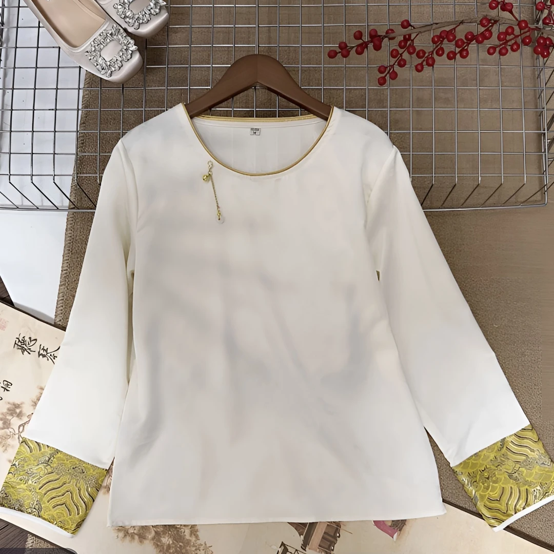 春季网红时尚百搭云雅小衫国风圆领提花气质长袖上衣065