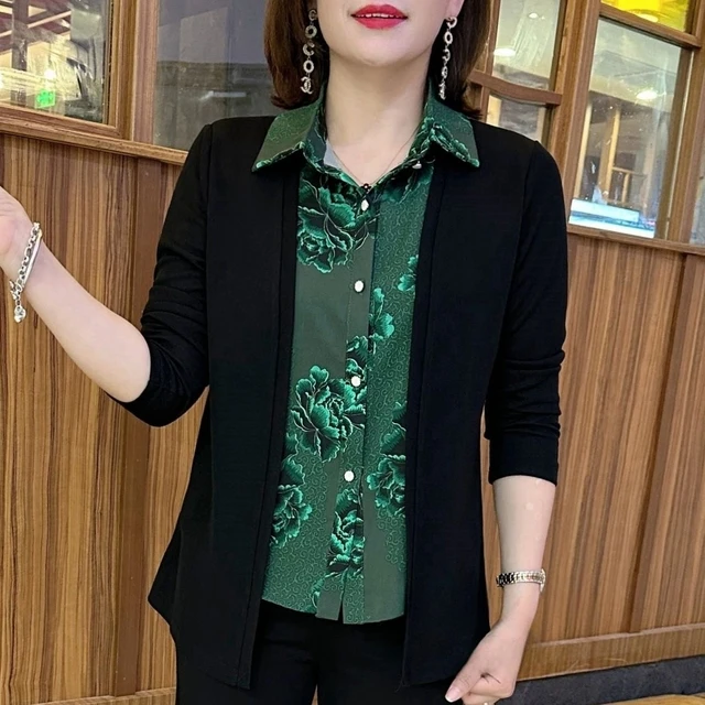 2025春季新款时尚印花长袖衬衫翻领拼接假两件套洋气妈妈装上衣女