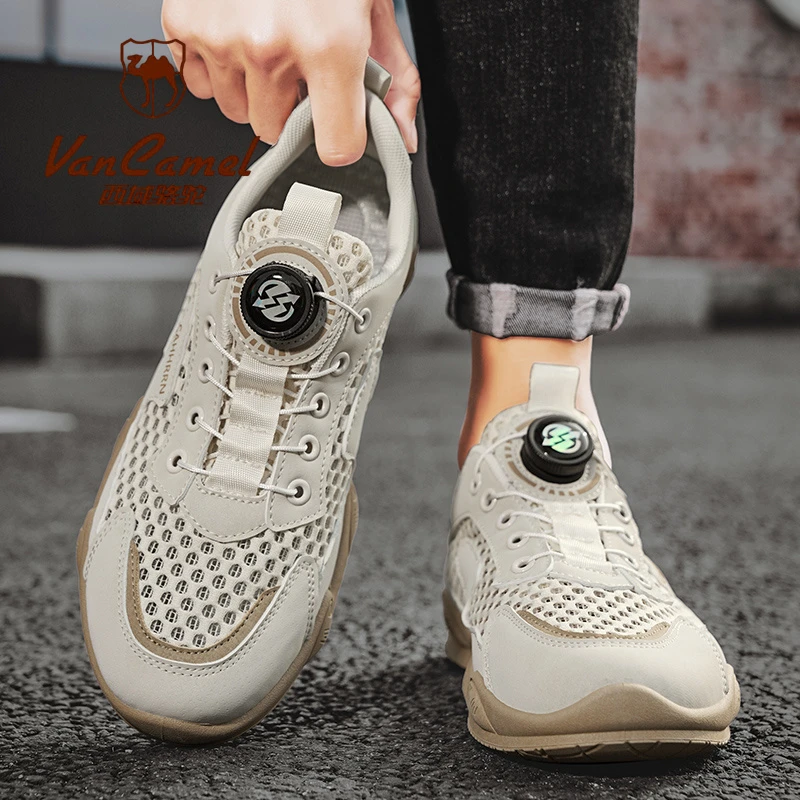 西域骆驼25夏季新款透气网眼镂空一脚蹬旋转纽扣青少年运动休闲鞋