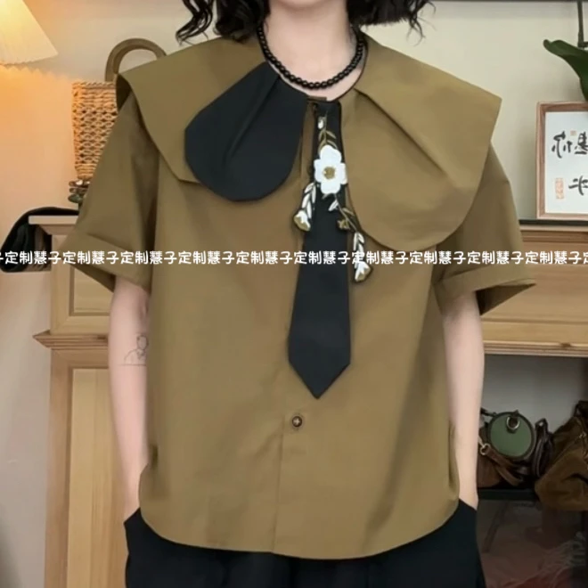 HZ “贩卖复古”原创复古风娃娃领遮肉显瘦拼接领带减龄短袖衬衫