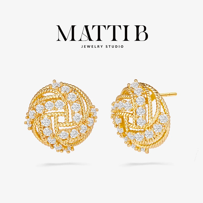 铜合金合成锆石耳饰 圆形编织镂空小众设计高级感气质耳钉女1997