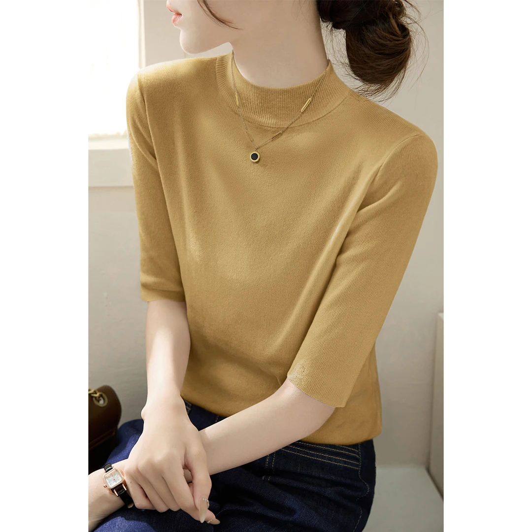 2025秋季新款芥黄色半高领毛衣修身显瘦中袖针织衫内搭打底上衣